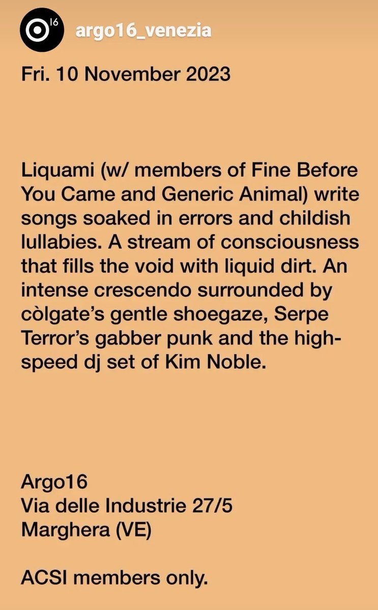 dopo lunghe traversate del cielo notturno - finalmente - il 10 novembre atterreremo all'#Argo16 di Marghera (VE), per mescolare i nostri volti e i nostri suoni ultraterreni a quelli dei Liquami (<a href="/greyhoundhound/">genericanimal</a> &amp; FBYC), dei Serpe Terror e di DJ Kim Noble 👻
