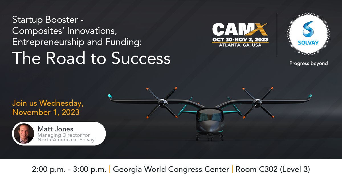 At Solvay we're proud to collaborate with startups... Join Matt Jones from Solvay Ventures & a group of industry experts during #CAMX as they share valuable insights into the opportunities & challenges faced by startups in composites industry! bit.ly/3QwN9G9
