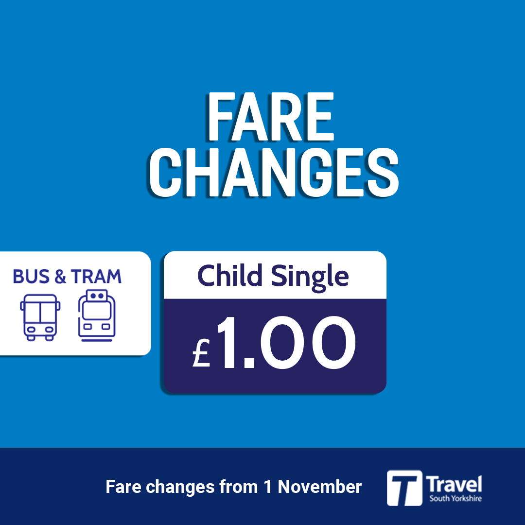 TravelSYorks's tweet photo. On 1 November, concessionary child single fares for holders of Zoom Under 16 and Zoom 16-18 Travel Passes will increase from 80p to £1.

👉 Fare Changes 🔗 https://t.co/8fQsbshqEr https://t.co/P9wCClONLY