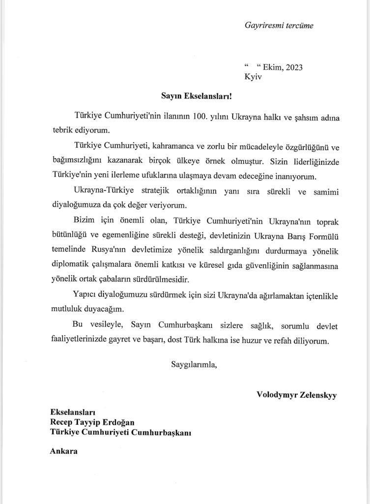 Ukrayna Cumhurbaşkanı @ Türkiye Cumhuriyeti’nin kuruluşunun 100. yıldönümü münasebetiyle tebrik mektubu 🇺🇦🇹🇷