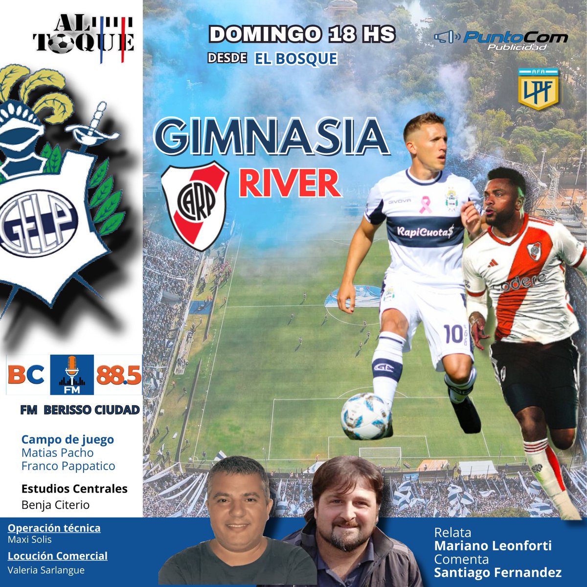Juega <a href="/OficialGimnasia/">Gimnasia oficial</a> 🐺🤍💙⚪️  ⚽ frente a <a href="/RiverPlate/">River Plate</a> ⚪️🔴 .. por @fmberissociudad  📻relata @mariano_leonforti 🎙️🎧 comenta <a href="/santi_fernande5/">Santiago Fernández</a> 👀
 con <a href="/matipacho/">Matías Pacho</a> <a href="/FranPappatico/">Franco</a>  @benjaciterio  @valeriasarlangue  <a href="/maxisolis/">maximiliano</a>