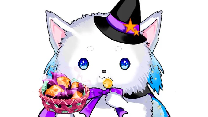 ゆたねこさんの企画に参加するために仮装したら、ミモザが紫イモをくれただ厶皆カボチャを飾ってる気がするのは気のせいだ厶か?ハロウィンパーティー、楽しみなんだ厶 