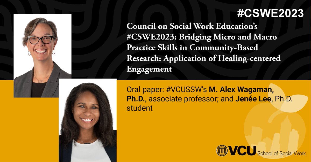 VCUSocialWork's tweet image. 10/29 – @CSocialWorkEd’s #CSWE2023: #VCUSSW’s
@alex_wagaman, Ph.D., associate professor; and Jenée Lee, Ph.D. student. vcussw.info/APM2023-34
