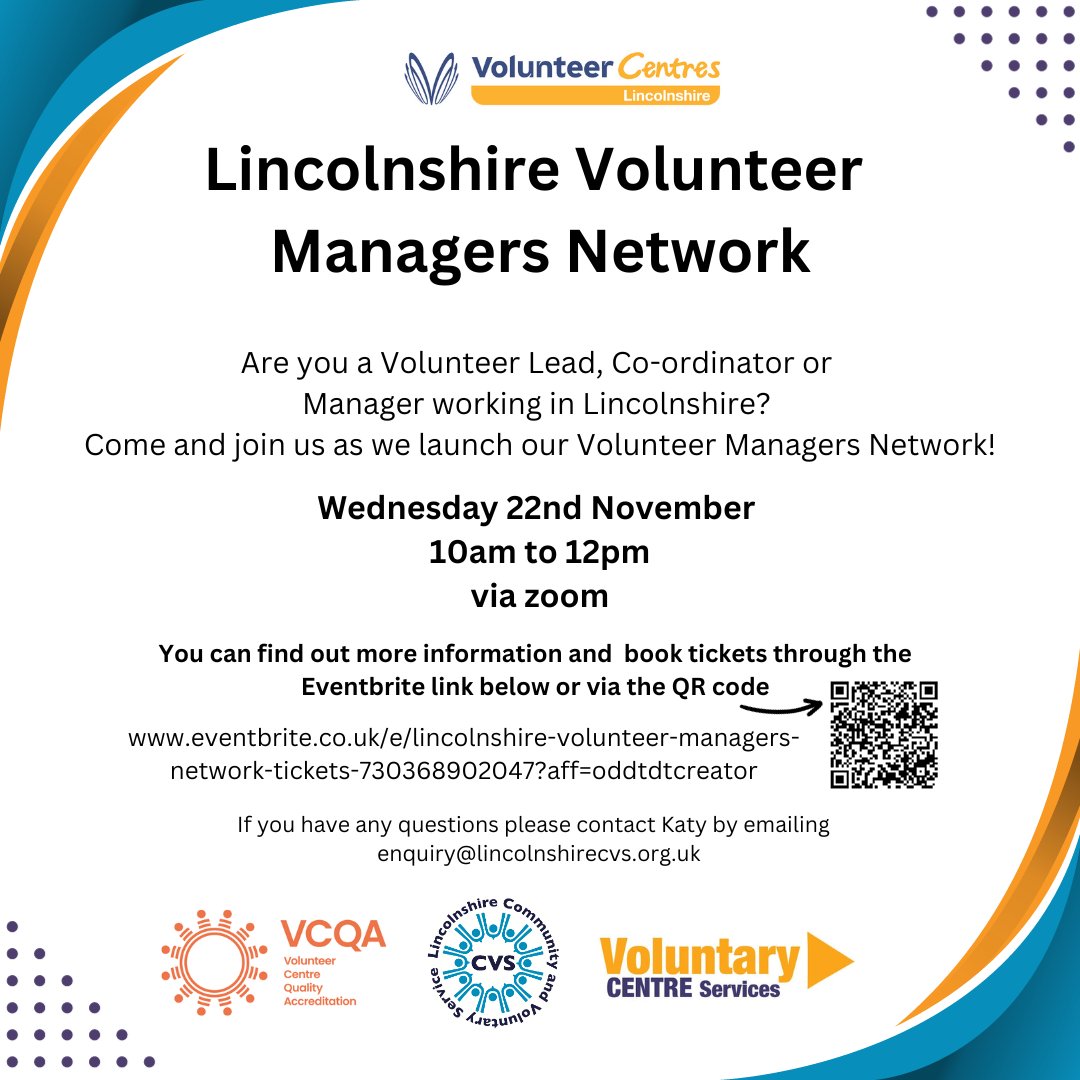 🔸Volunteer Managers Network🔸
Join us on Wednesday 22nd November, for the launch via zoom 🎉

You can find out more info here➡️ eventbrite.co.uk/e/lincolnshire…

#LCVS #CVS #Lincolnshire #Volunteer #Charity #VCQA #Volunteercentre