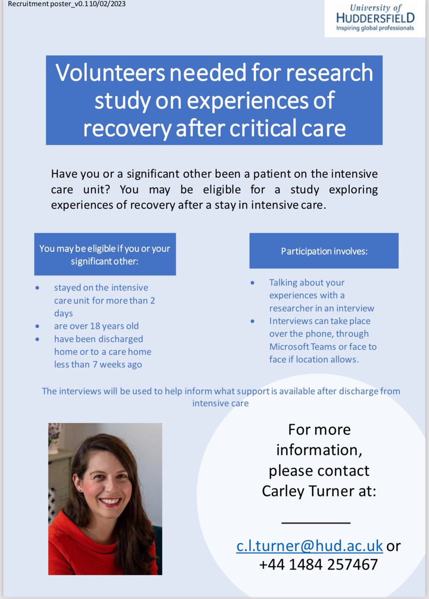 ICUsteps (@icusteps) on Twitter photo Can you help? Carley is looking for ICU patients and family members to tell her about their experiences of recovery. If you would like to help, email Carley at c.l.turner@hud.ac.uk Can you help? Carley is looking for ICU patients and family members to tell her about their experiences of recovery. If you would like to help, email Carley at c.l.turner@hud.ac.uk