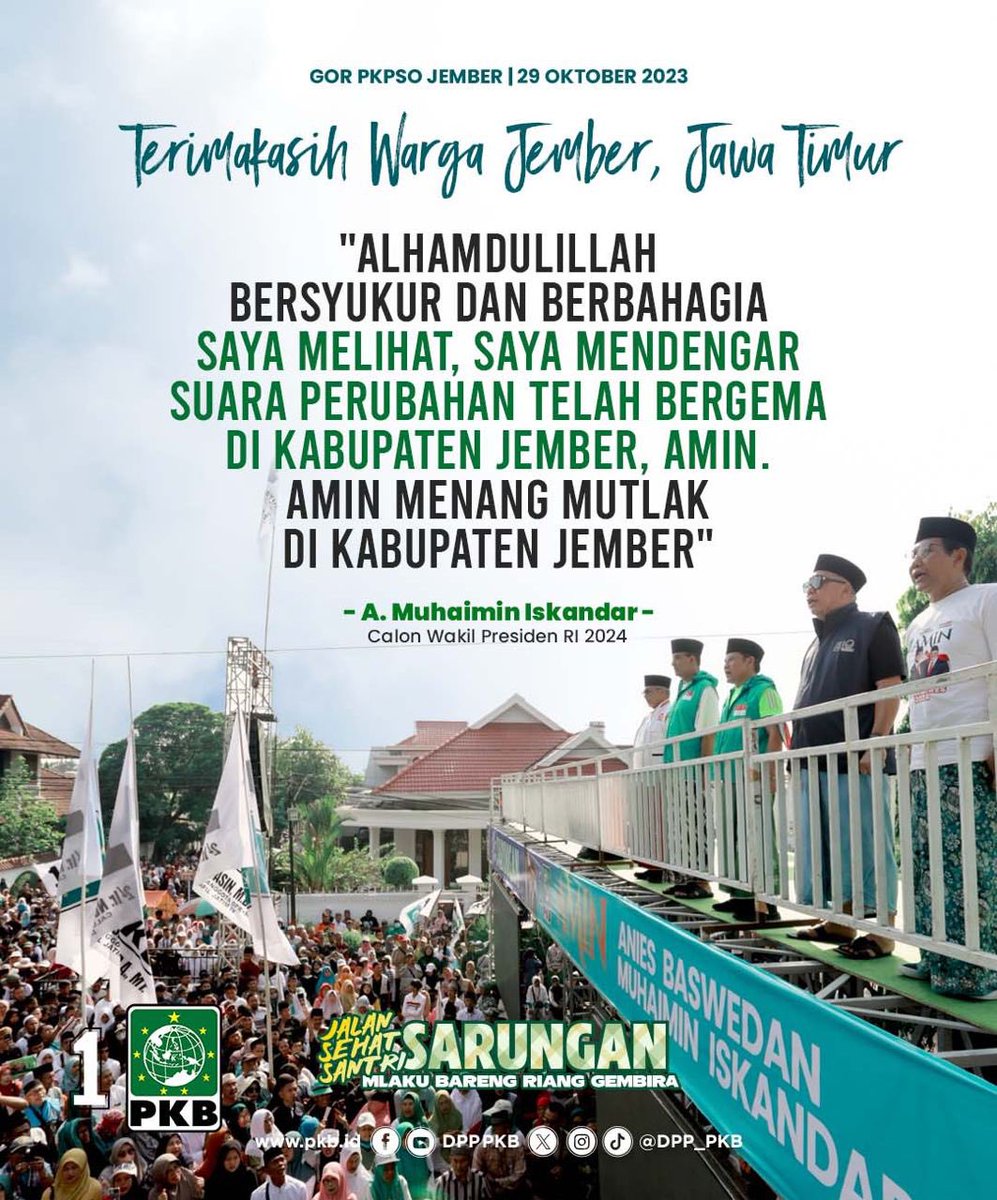 Terimakasih energinya Jember 🙌🏻

AMIN melihat energi perubahan Jember begitu luar biasa. Insya Allah AMIN menang mutlak di Jember. 

AMIN. 

#AMINPejuangPerubahan
#AniesMuhaimin2024