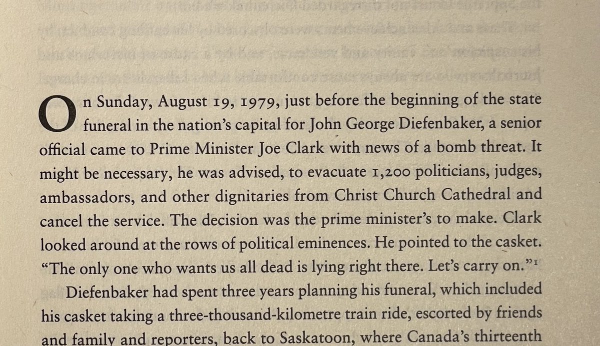 I’m reading “The Duel” by ⁦<a href="/JohnIbbitson/">John Ibbitson</a>⁩. I’m grateful to him and the ⁦<a href="/RtHonJoeClark/">Rt. Hon. Joe Clark</a>⁩ for finally confirming this long apocryphal story about a bomb threat at John Diefenbaker’s funeral, and Mr Clark’s hilarious response.