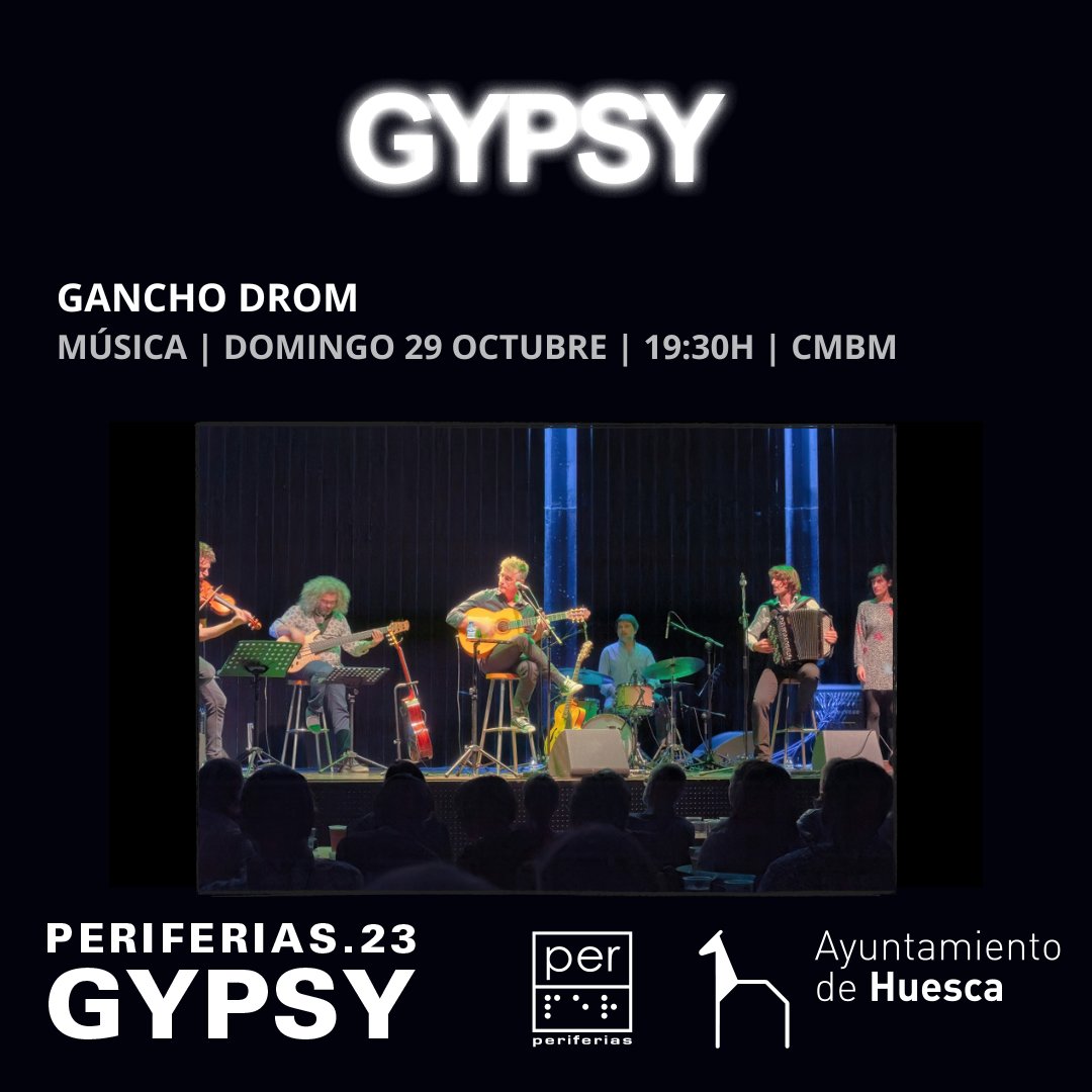 Este domingo, a las 19.30 horas,  finaliza esta edición de Periferias con la banda zaragozana #GanchoDrom. Nos traerá sonidos de jazz manouche, gypsy swing, bossa nova, funk o rumba.

Compra las entradas para el CC Manuel Benito Moliner en este enlace:
🎟 culturahuesca.4tic.com/par-public/res…