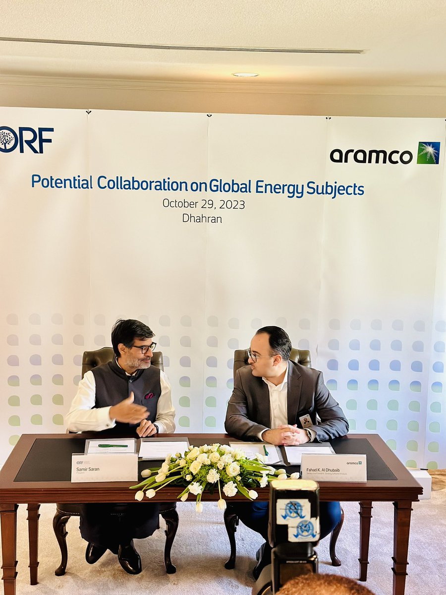 samirsaran's tweet photo. Delighted to sign an #MoU on global energy issues with Senior VP of @aramco Fahad Al Dhubaib, who heads strategy and planning for the group. 

#SaudiAramco and @orfonline have lined up exciting research and platforms in the year ahead… watch this space for more https://t.co/5S93dywE1M