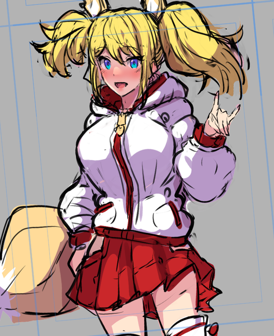 ハロウィン絵用の装いイメージ大体完了。パーカーきつね+αなデザインのパツキンむすめさんです。上半身のお肌の面積は開閉ギミックでカバー予定。 