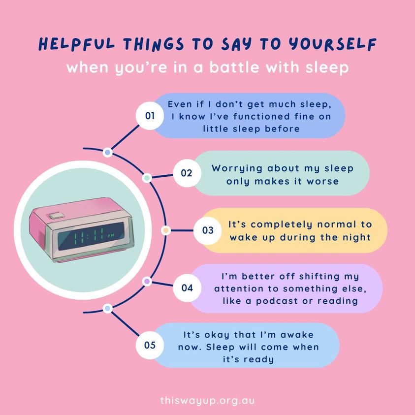 Struggling to fall asleep? Here are some tips on what to say to yourself to avoid sleepless rumination 🧡💙