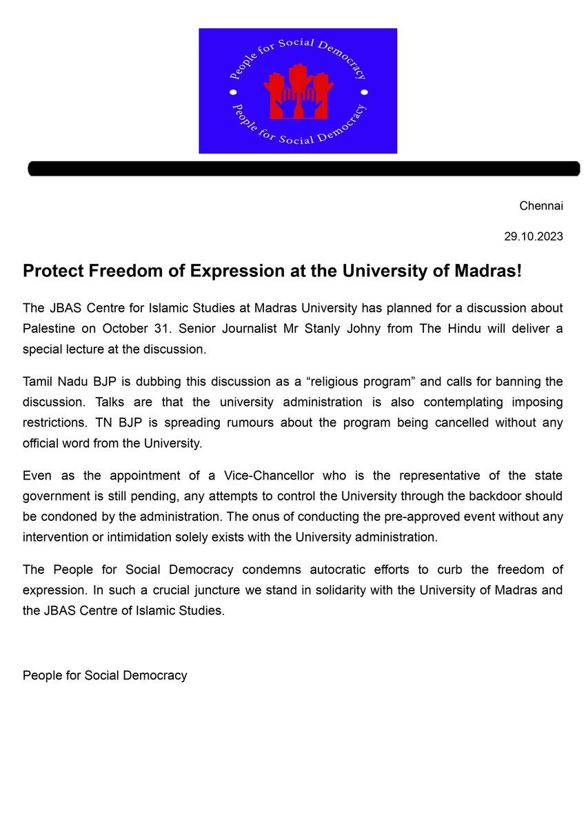 StudentsforSoc3's tweet photo. People for Social Democracy denounces TN BJP's attempt to throttle Freedom of Expression at the University of Madras @MadrasUniv @the_hindu @johnstanly @MadrasUniversity https://t.co/a7hvLMCm6h