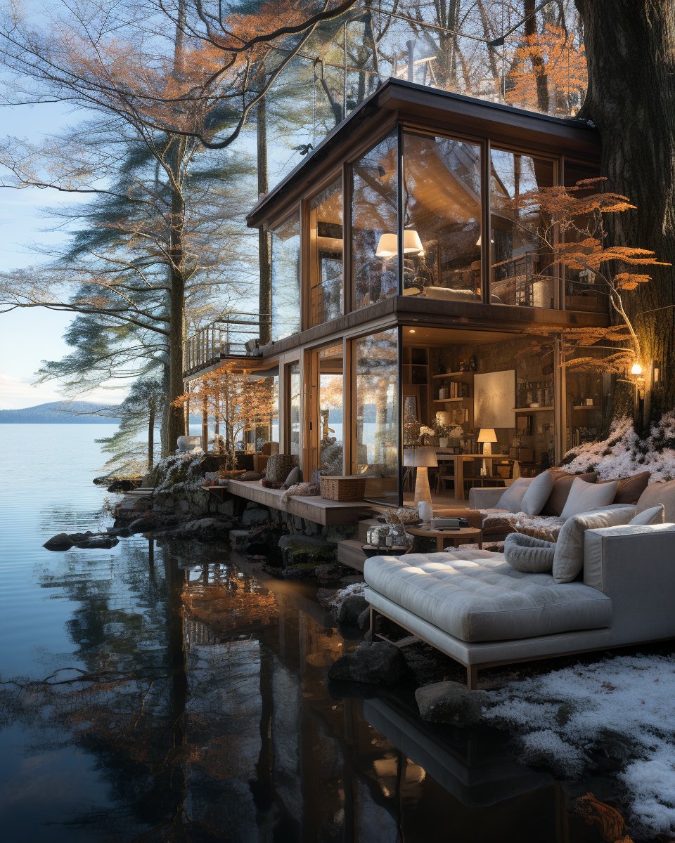 aibrushproject's tweet image. Every day is a portrait of winter 🏔️, framed by large crystal windows that make this lake house a piece of art.

#LakeHouse #CrystalWindows #WinterViews #MutedTones #Snowscape