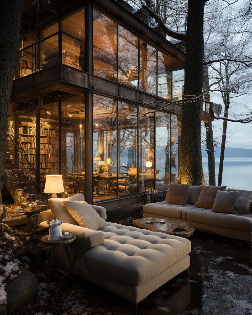 aibrushproject's tweet image. Every day is a portrait of winter 🏔️, framed by large crystal windows that make this lake house a piece of art.

#LakeHouse #CrystalWindows #WinterViews #MutedTones #Snowscape