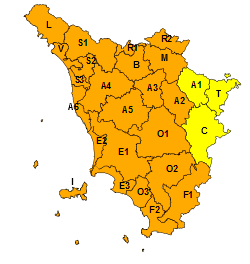 🟧#allertameteotos - Emesso codice arancione per temporali forti e rischio idrogeologico idraulico reticolo minore per tutta la giornata di domani, 30 ottobre, su gran parte della #Toscana, codice giallo sulle aree restanti. 

Per info: regione.toscana.it/allertameteo