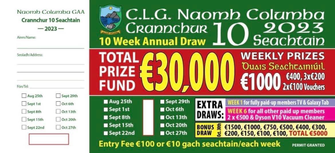 CLGNaomhColumba's tweet photo. Our bonus draw will take place this evening in Roartys bar Glen at 6pm 

We will be giving away a total of €5000 tonight to our 10 lucky winners who were drawn out on Friday night 

Each person drawn out will pick an envelope with one of the 10 prizes in it https://t.co/fKoHkfzDUI