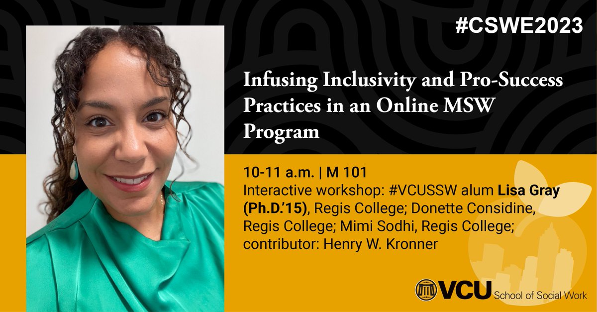 VCUSocialWork's tweet image. 10/29 – @CSocialWorkEd’s #CSWE2023: #VCUSSW alum Lisa Gray (Ph.D.’15), @RegisCollege_MA; Donette Considine, Regis College; Mimi Sodhi, Regis College. vcussw.info/APM2023-35