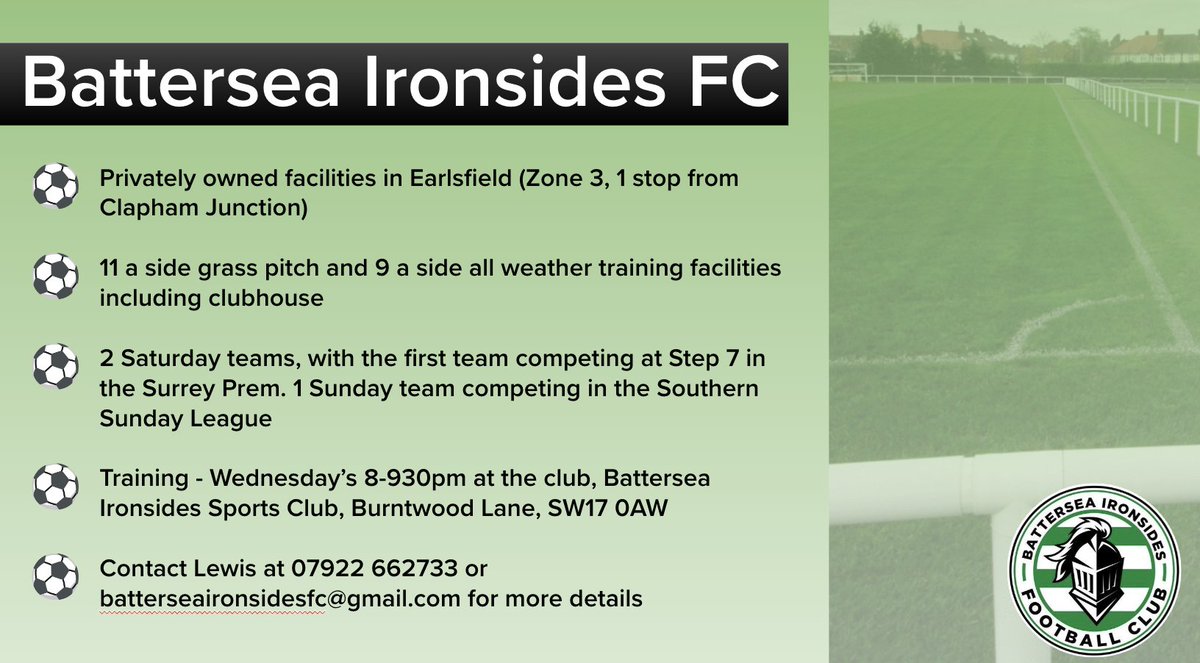 We're still on the lookout for new players to add to all 3 squads. Great facilities in Earlsfield, further details attached. Get in touch via batterseaironsidesfc@gmail.com @findaplayer @matchark_uk