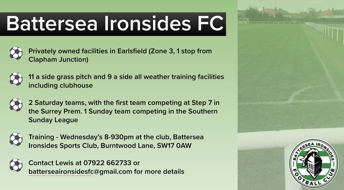 Battersea Ironsides FC (@bifcxi) on Twitter photo We're still on the lookout for new players to add to all 3 squads.
Great facilities in Earlsfield, further details attached. Get in touch via batterseaironsidesfc@gmail.com
<a href="/findaplayer/">Find A Player</a> <a href="/matchark_uk/">Matchark: Find Players & Clubs</a> We're still on the lookout for new players to add to all 3 squads.
Great facilities in Earlsfield, further details attached. Get in touch via batterseaironsidesfc@gmail.com
<a href="/findaplayer/">Find A Player</a> <a href="/matchark_uk/">Matchark: Find Players & Clubs</a>