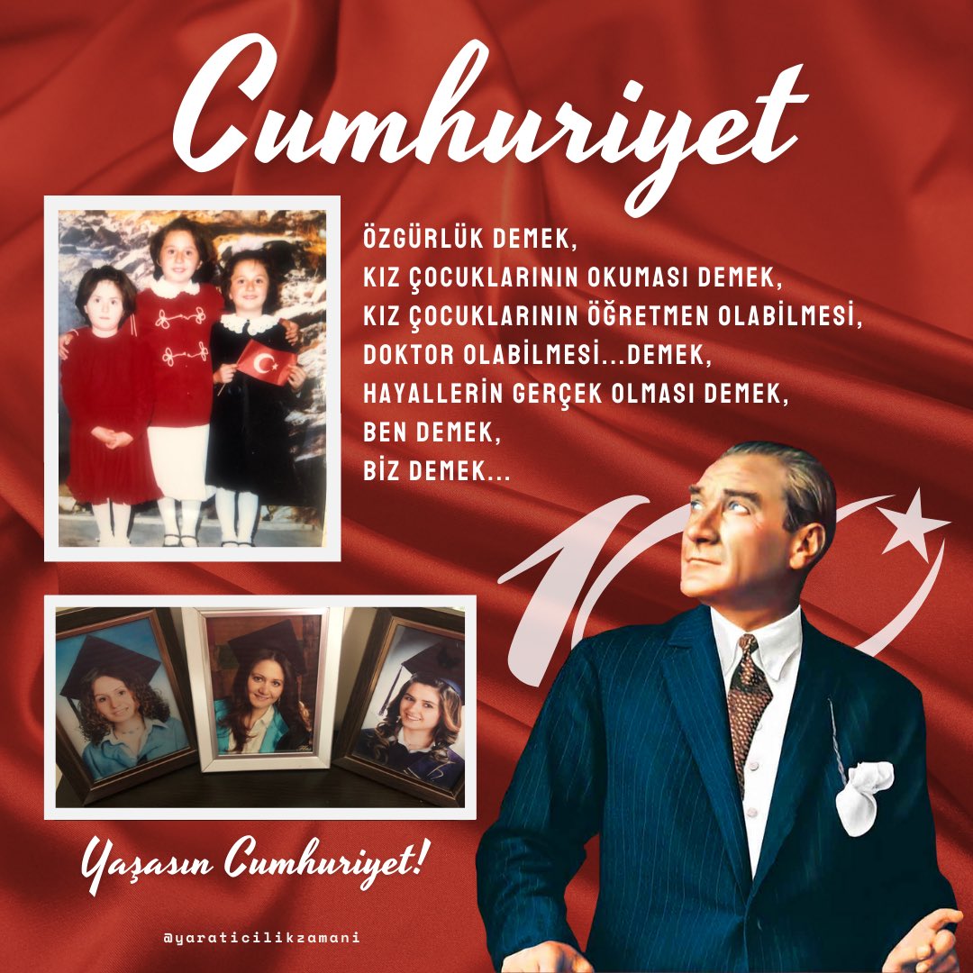 Cumhuriyet bir hayalin gerçekleşmesidir. “Hayal ettim, hayalimin önündeki manileri tespit ettim.Manileri kaldırdığımda hayalim kendiliğinden gerçekleşti.” diyen Atam’ın emanetine sahip çıkıyoruz.🇹🇷
Çok büyüksün #Cumhuriyet
#cumhuriyet100yaşında #cumhuriyetbayramı <a href="/yaraticilikzmn/">Yaratıcılık Zamanı</a>