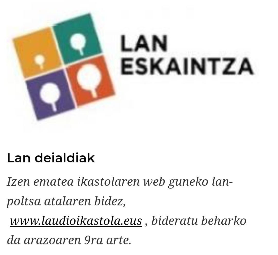 LaudioIkastola's tweet photo. #LanEskaintza
Laudio Ikastolak ondorengo lan deialdia egin du:
-Matematika,Fisika eta Kimikako irakaslea ordezkatzeko deialdia

-Ingelesa arloan ordezkapenak egiteko lan-poltsa

-Haur Hezkuntzan ordezkapenak egiteko lan-poltsa

ℹhttps://t.co/1pDIKaiBEG https://t.co/rElFyXjmci