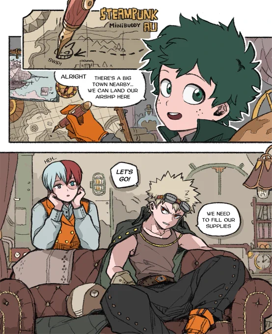 I made a short comic for bnha zine years ago,, just realized I never posted it🙈 ❄️🔥💥🥦 Steampunk!