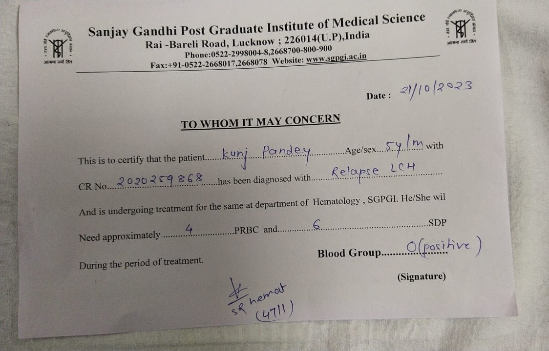 Patient name -Kunj Pandey 
Blood group   - O+
No. Of unit required -6
Ailment - LCH Cancer 
Contact person- Shivam Pandey 
Contact number 6392639379
Hospital - PGI Lucknow

@BloodDonorsIn @BloodAid @BloodDonorWorld @TeamSOSIndia @Team_Atikin