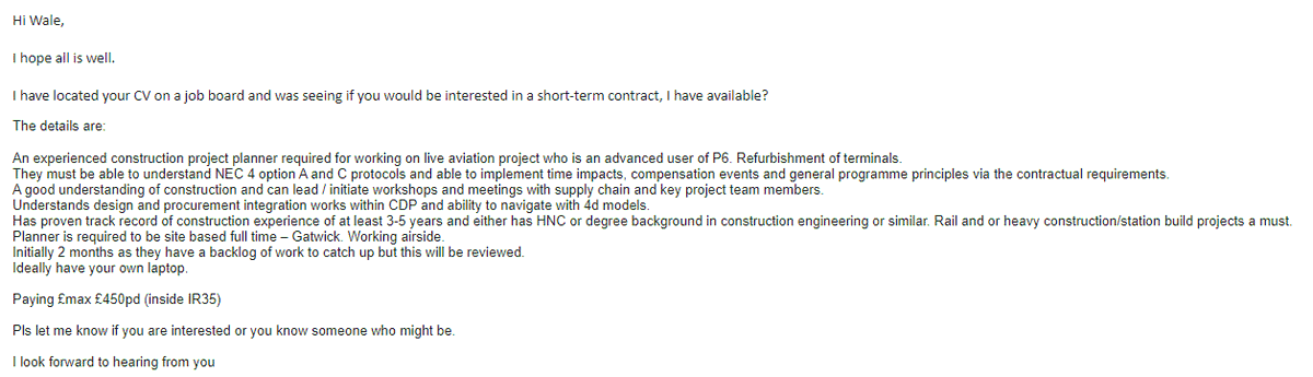 taadelodun's tweet photo. I got this email on Friday about a job offering £450/day. This money is there to be made, if we can be patient, do the work, and get the skills. 

I started construction with £5/hour as a labourer, but I didn't stop. I went back to school at age 30 and kept improving. 

I have gotten a lot of questions on construction in the last few days. I will host another live session on it soon. Construction is very lucrative in the West if you are patient, curious and ready to learn.

1. Start with the end in mind: Go on job boards, like Reed, Indeed, Total jobs, and LinkedIn, and search for the jobs you want.

2. Sort them by date posted. Open 15/20 jobs to see the general requirements. Audit yourself and see if you have those requirements or need some more time to get them.

3. Once you have them, start applying for roles.

4. If you are applying from abroad, there are some roles you cannot get sponsorship for like labourer, because labourer is not a skilled role.

5. If you are a tradesperson, like carpenter, electrician, plumber, you need an NVQ qualification or equivalent like city and guilds etc.

Below are some live sessions we did. Please watch.
I will keep sharing as much information as possible. May God help us❤️🙏

https://t.co/KgIo96D1lx

https://t.co/BmxhOfvJaY

https://t.co/TGDl1SzWh4