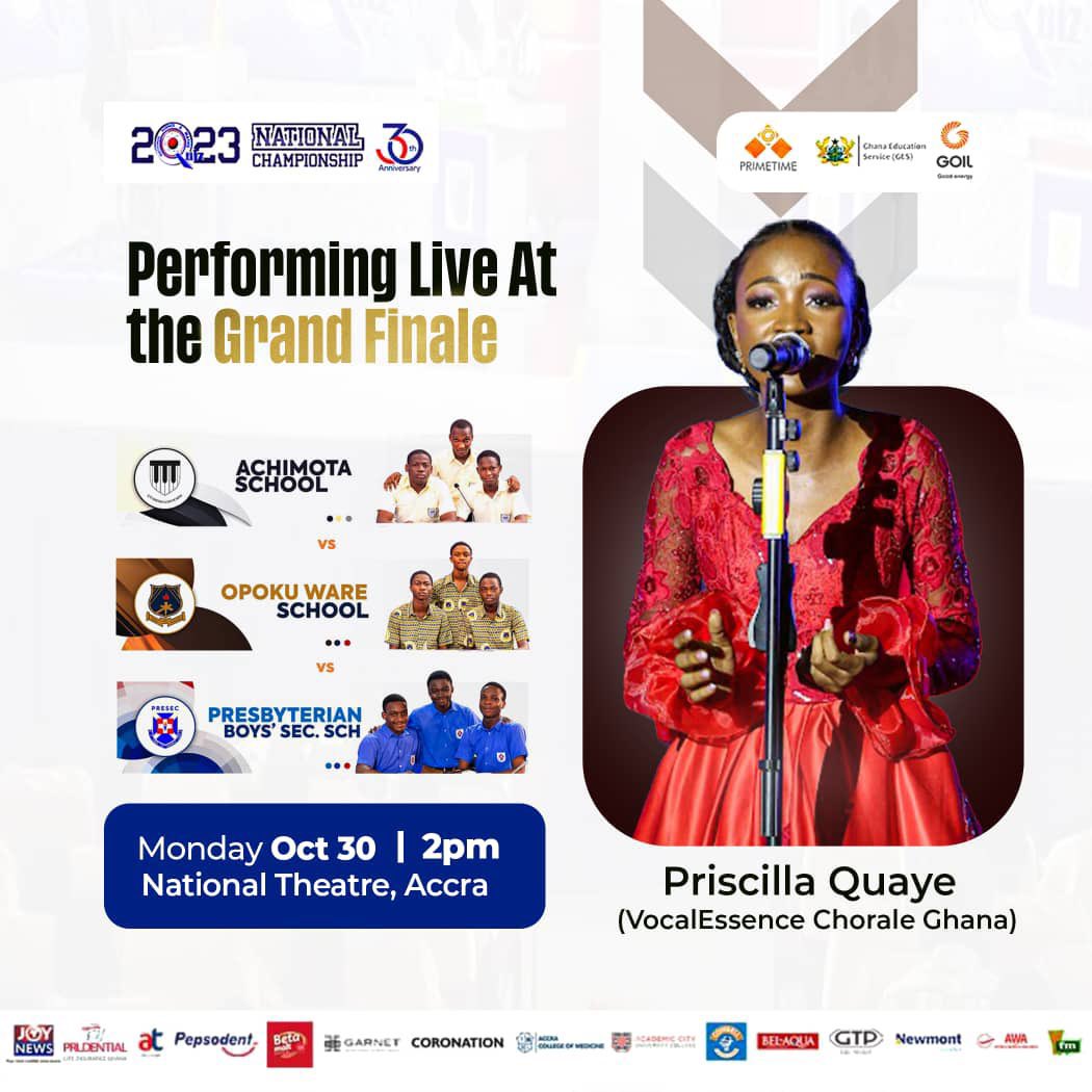 Final Stage  (#NSMQ2023)

Miss Priscilla Quaye of @VECGhana would be there ! 🤩🎉

Come enjoy this awesome performance during the NSMQ 2023 Grand Finale on Monday, 30th October 2023 at the National Theatre,Accra.

#NSMQGrandFinale | #CampusHypeCrew🇬🇭