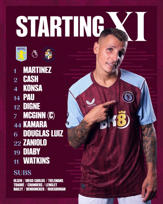 Aston Villa team to face Luton Town: Martínez, Cash, Konsa, Pau, Digne, McGinn (captain), Kamara, Douglas Luiz, Zaniolo, Diaby, Watkins. Substitutes: Olsen, Diego Carlos, Tielemans, Traoré, Chambers, Lenglet, Bailey, Dendoncker, Iroegbunam.