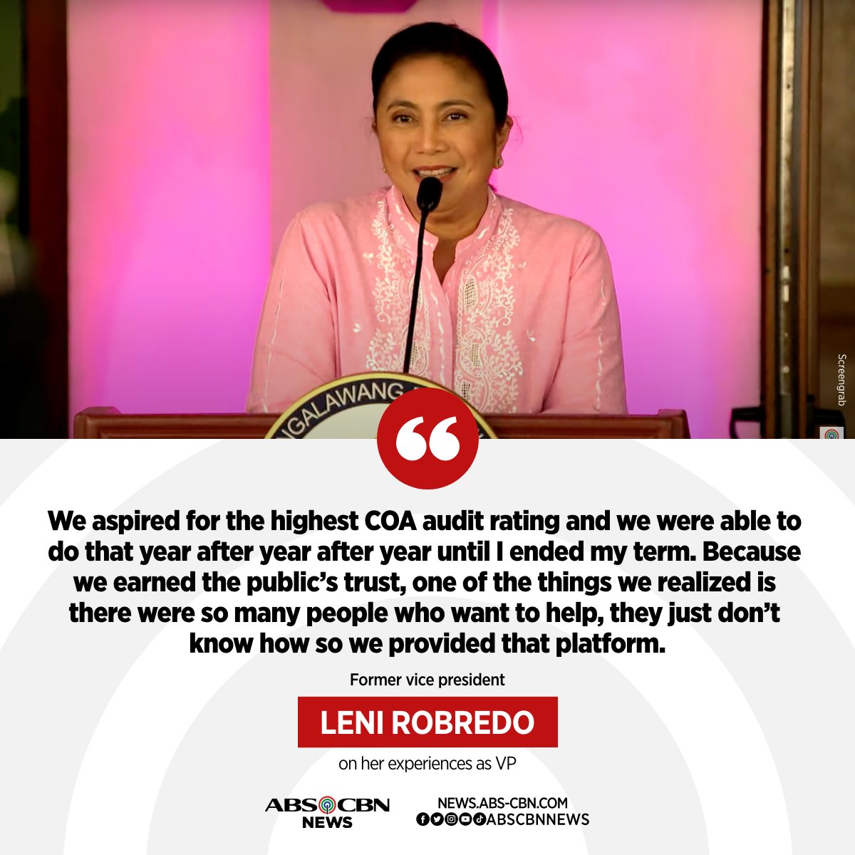 Former Vice President Leni Robredo recalled how her office ensured transparency in the use of their funds during her tenure.

Full story: news.abs-cbn.com/overseas/10/26…