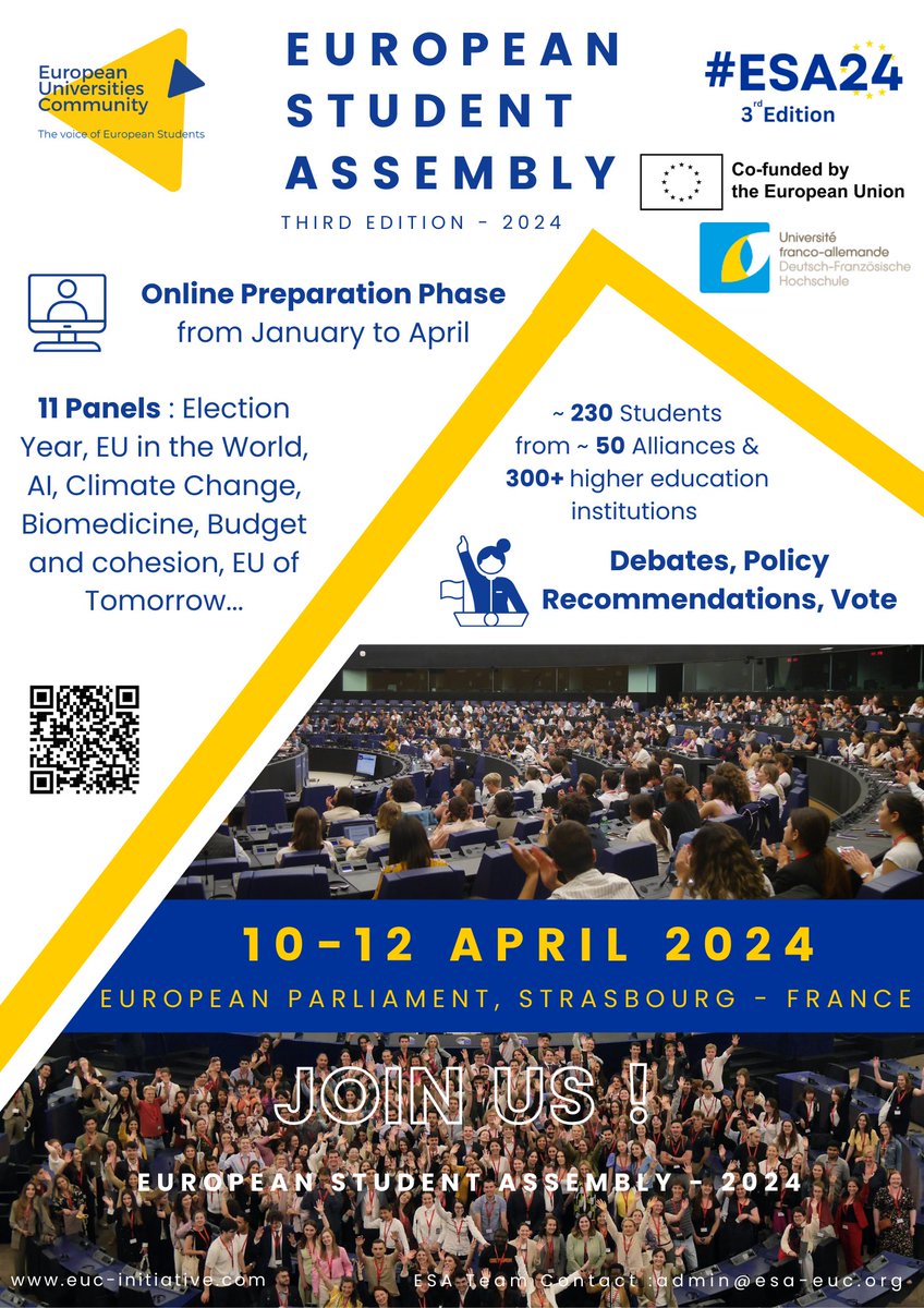 Join #ESA24 to debate with other European students and draft policy recommendations! 230 students will discuss about the future of Europe they want! Click here for more info: eucinitiative.wordpress.com/esa24-applicat…
#StudentsVoice #EuropeanStudentAssembly