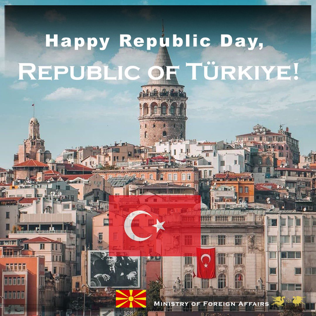 Congratulations to our friends in the Republic of Türkiye, celebrating the centenary of the 🇹🇷  Republic! We look forward to further strengthening our partnership and cooperation in the years to come. 
Cumhuriyet Bayramı'nın 100. Yılı Kutlu Olsun Türkiye. 🇲🇰🤝🇹🇷
<a href="/MFATurkiye/">Turkish MFA</a>