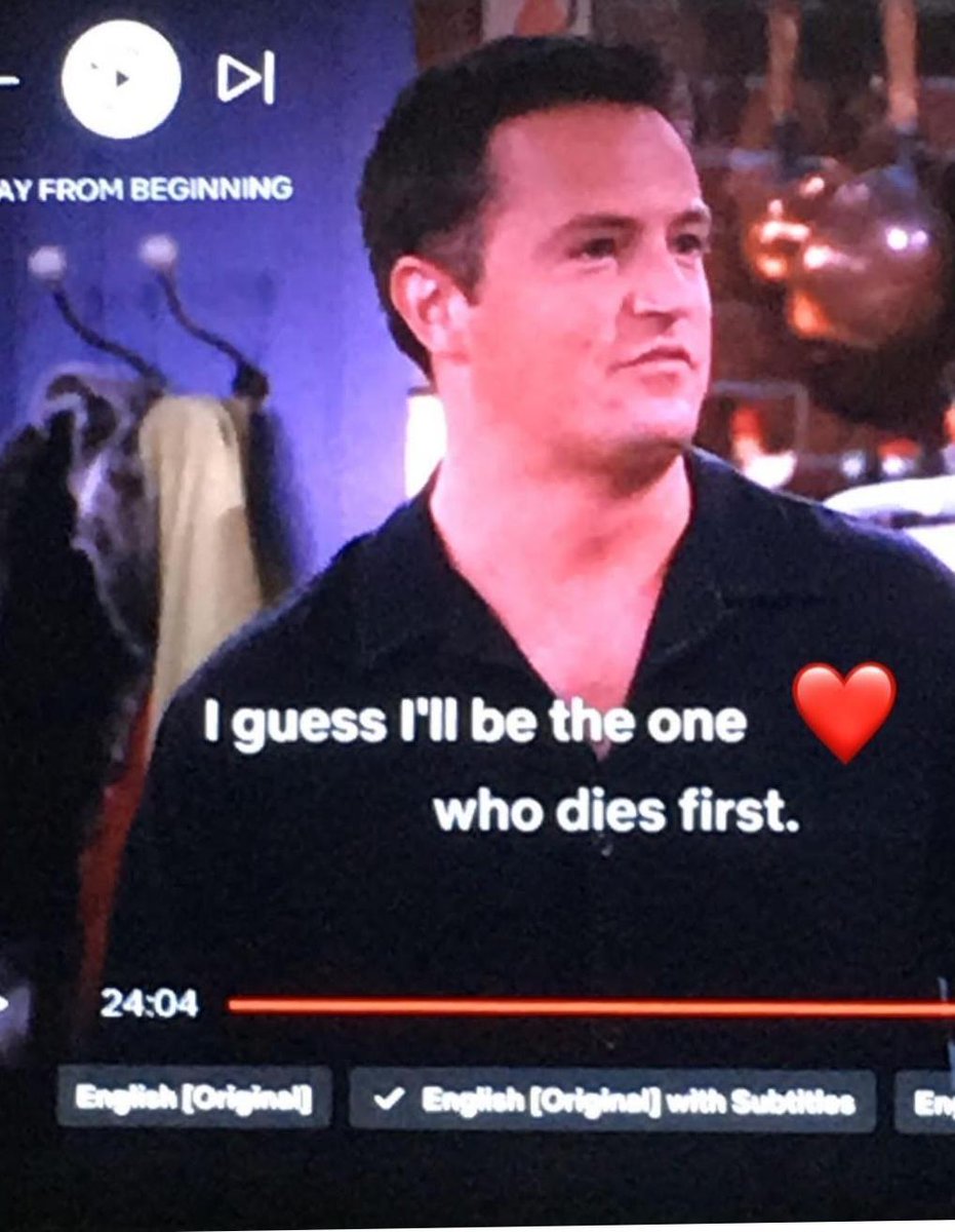 thenewzdiary's tweet photo. I Guess I'll be the one who dies first...💔💔💔

HIT HARD

Om Shanti 💐#MatthewPerry #ChandlerBing #ripmatthewperry #friends https://t.co/BKqwqVkV2D