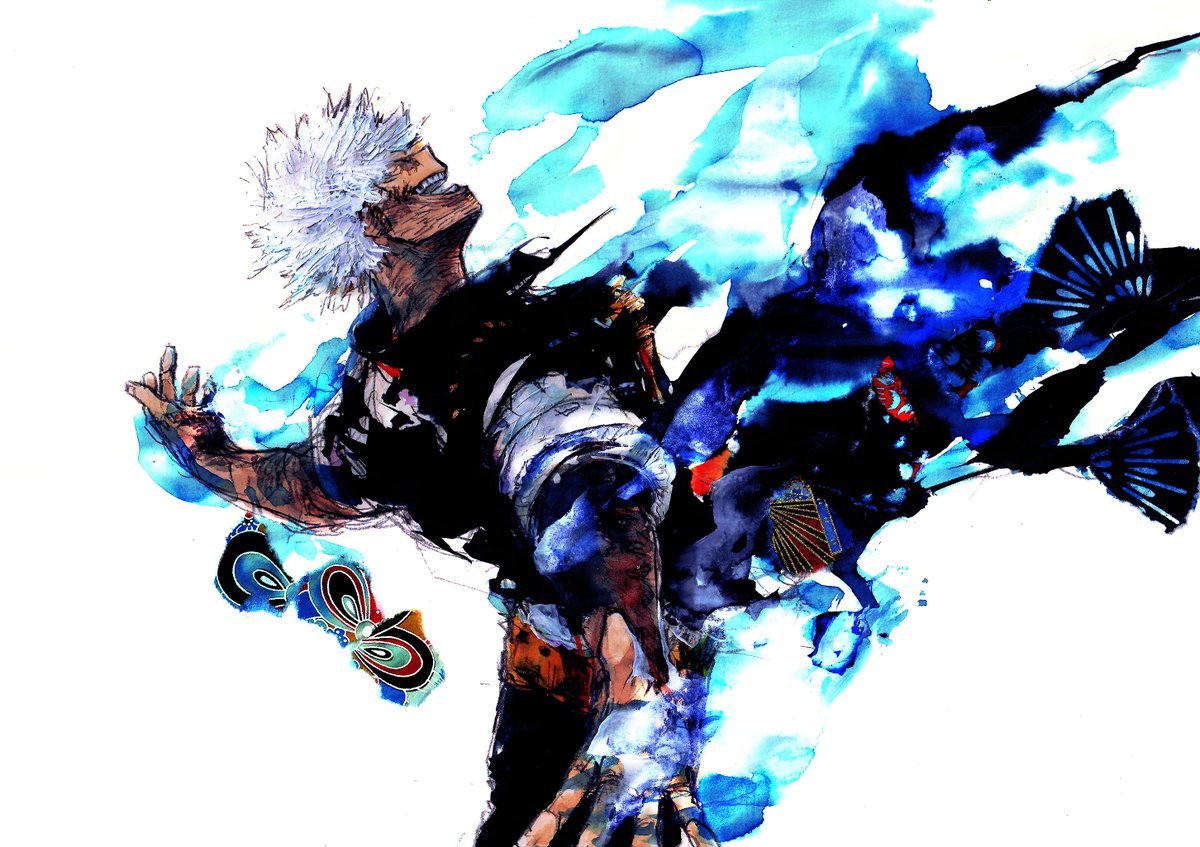 1boy male focus solo blue fire white hair fire scar  illustration images