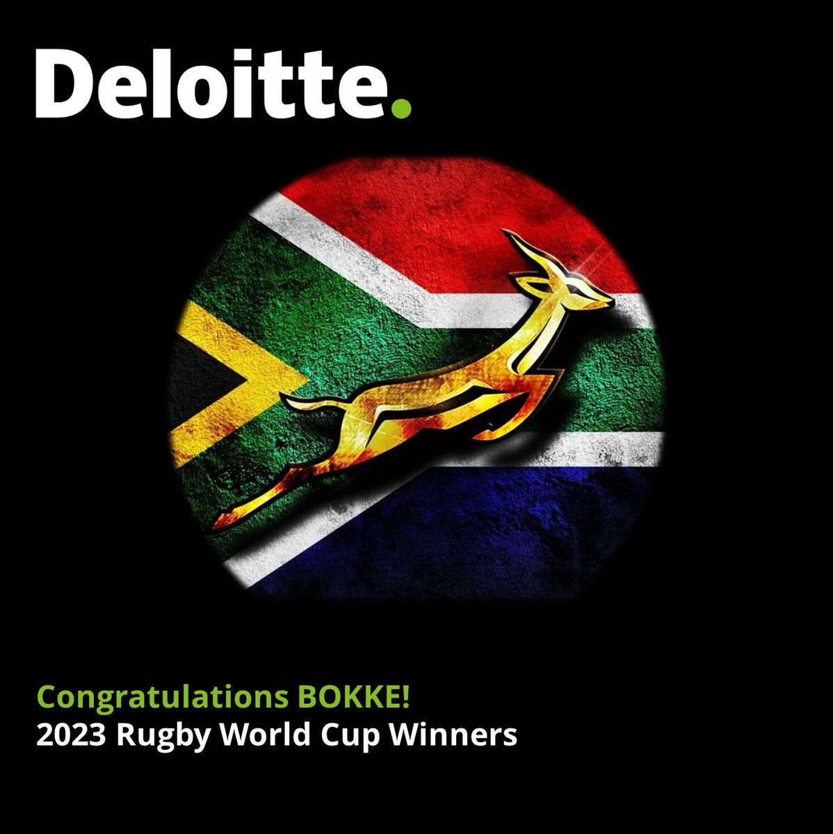 DeloitteSA's tweet photo. Congratulations Springboks! 🏆🏉 You have shown us that no challenge is too great when you believe in yourselves and support one another. We are #strongertogether

You have made the nation proud and inspired a whole generation. Well done, champions! https://t.co/uqz7dnVMW0