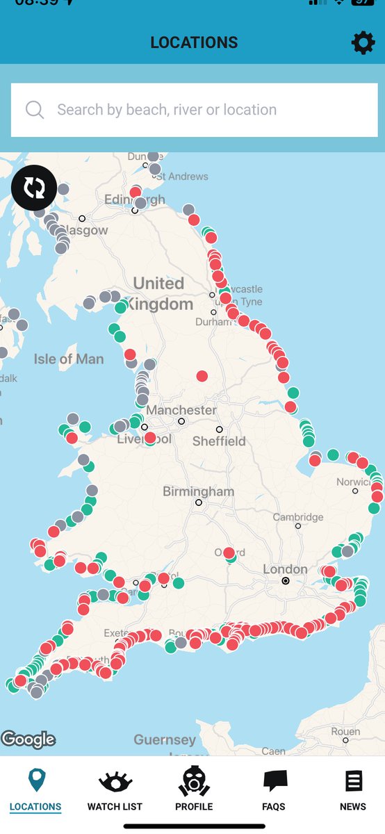 Your daily sewage dumping report. Yes every little red dot is a water company dumping sewage into / onto a beach. Grrr. 🤬