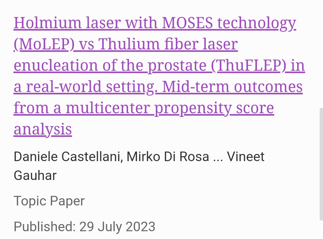 DocGauhar's tweet photo. @D_Castellani publishes insightful paper #lasers for #BPH #MOSES vs #TFL from data from #REAP the only dedicated #prostate/#BPH/#AEEP #Registry putting an end to debate that
#MoLEP & #ThuFLEP were safe and efficacious in short term.
https://t.co/mJMh0zKMIp
@SocietyofBPD https://t.co/FOzqgcSGuA