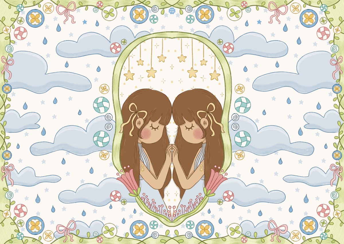 multiple girls 2girls long hair cloud brown hair ribbon symmetry  illustration images