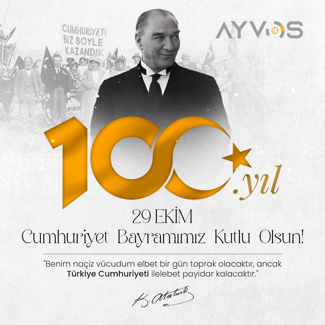 Türkiye Cumhuriyeti'nin kuruluşunun 100. yılında, Gazi Mustafa Kemal Atatürk'ün öncülüğünde başlatılan bu kutlu yürüyüşü gururla ve minnetle anıyoruz. Cumhuriyetimizin değerlerini yüceltmeye, bayrağımızı daima yükseklerde tutmaya söz veriyoruz. Ne mutlu Türk'üm diyene! #100Yıl