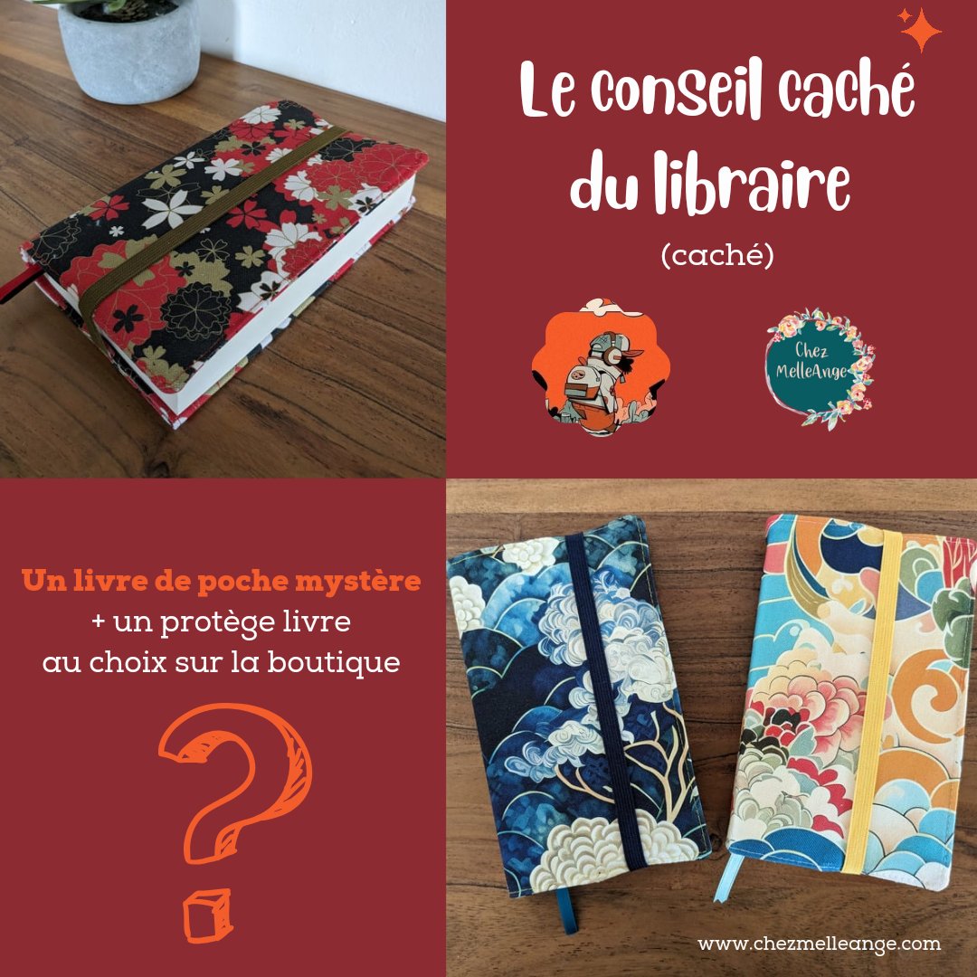 La saison 2 des conseils cachés du <a href="/librairesecache/">Le libraire se cache</a> sont dispos sur la boutique. 
Les commandes restent ouvertes 4 jours. 
Deux conseils mystère, un protège livre pour protéger le livre mystère.
Cousu main en France, coton BIO.
chezmelleange.com