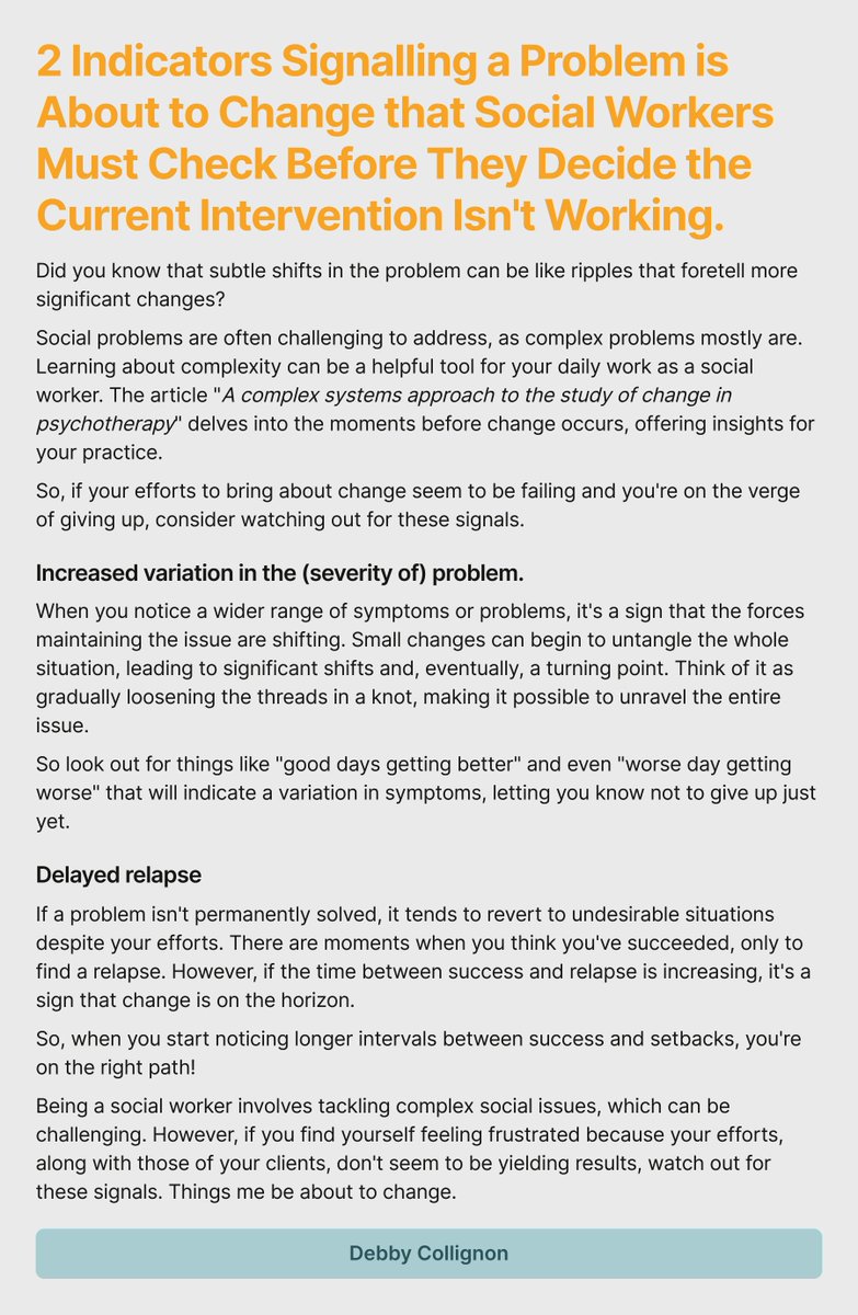 DinPedagogiek's tweet image. 2 Indicators Signalling a Problem is About to Change that Social Workers Must Check Before They Decide the Current Intervention Isn't Working.
Things I learned from studying complexity.
#SocialWork #ComplexProblems #ChangeInPractice #ComplexityTheory #ProblemSolving