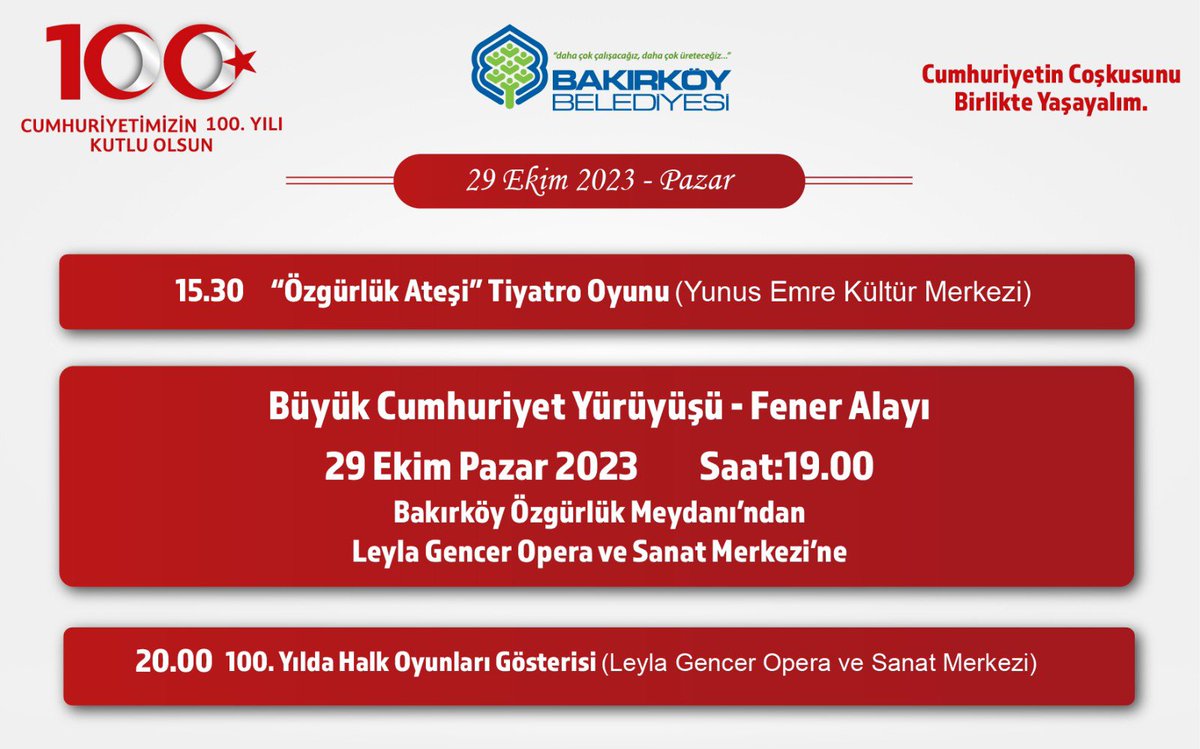29 Ekim Cumhuriyet Bayramı’mız kutlu olsun.🇹🇷

Cumhuriyetin 100.Yılı Etkinlikleri kapsamında bugün; saat 15.30’da Yunus Emre Kültür Merkezi’nde Bakırköy Belediye Tiyatroları’nın hazırladığı “ÖZGÜRLÜK ATEŞİ” tiyatro oyununa, saat 19.00’da BÜYÜK CUMHURİYET YÜRÜŞÜ FENER ALAYIMIZ’a