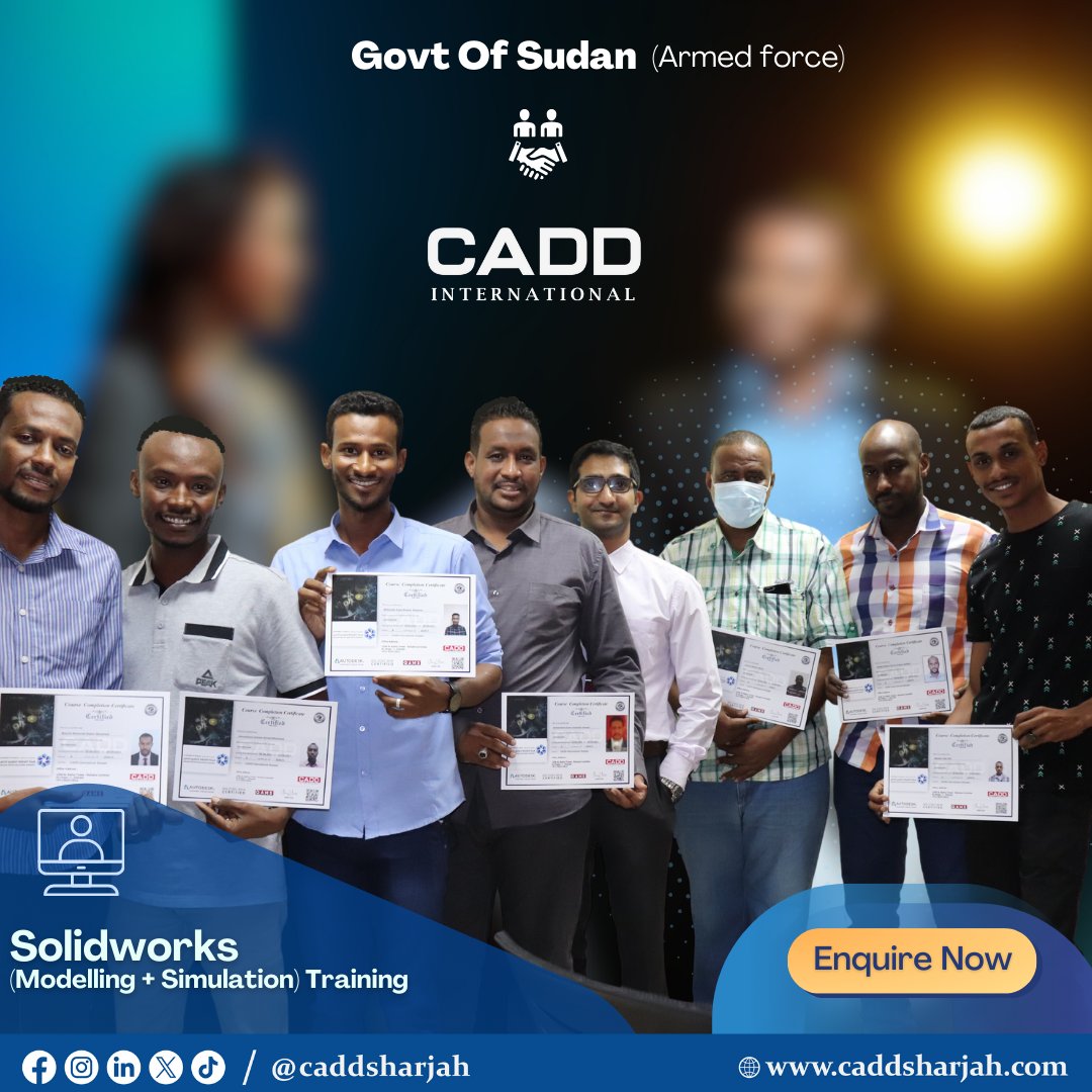 CaddSharjah's tweet photo. Incredible opportunity to conduct Solidworks Simulation training for Sudan Armed Forces

for Individual and Corporate training visit us : https://t.co/tjzMbLcYfL

#CADDInternational #SolidWorksSimulation #ArmedForcesTraining #Sudan #traininginstitute #Sharjah https://t.co/CFLMEPx7cx