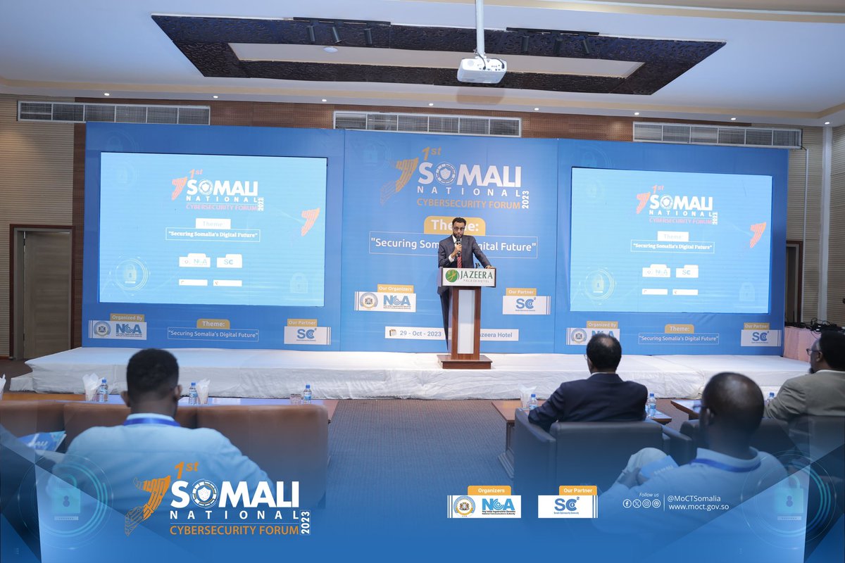MoCTSomalia's tweet image. H.E @JamaHKhalif has officially opend the 1st Somali National Cybersecurity Forum. In his opening remarks, H.E Jama emphasized the critical role of cybersecurity in safeguarding our nation’s digital future. #CybersecurityForum