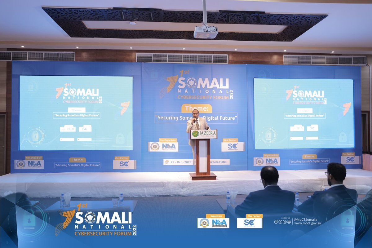 MoCTSomalia's tweet image. H.E @JamaHKhalif has officially opend the 1st Somali National Cybersecurity Forum. In his opening remarks, H.E Jama emphasized the critical role of cybersecurity in safeguarding our nation’s digital future. #CybersecurityForum