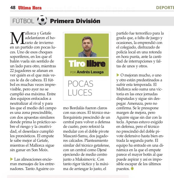 Andres Lasaga (@alasaga) on Twitter photo ‘Pocas luces’, mi opinión en <a href="/UHmallorca/">Ultima Hora Mallorca</a> sobre otro empate más del <a href="/RCD_Mallorca/">RCD Mallorca</a> en el #MallorcaGetafe de #LaLiga. ‘Pocas luces’, mi opinión en <a href="/UHmallorca/">Ultima Hora Mallorca</a> sobre otro empate más del <a href="/RCD_Mallorca/">RCD Mallorca</a> en el #MallorcaGetafe de #LaLiga.