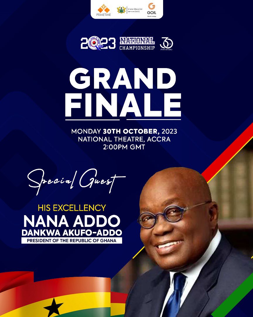 CampusNetGH's tweet photo. Nana Addo Dankwa Akufo-Addo is a Special Guest for the Grande Finale of the #NSMQ2023 tomorrow at the National Theatre.

#CampusNetGH🇬🇭 #NSMQGrandFinale  #NSMQODDS2023 https://t.co/XhzJtL34DD