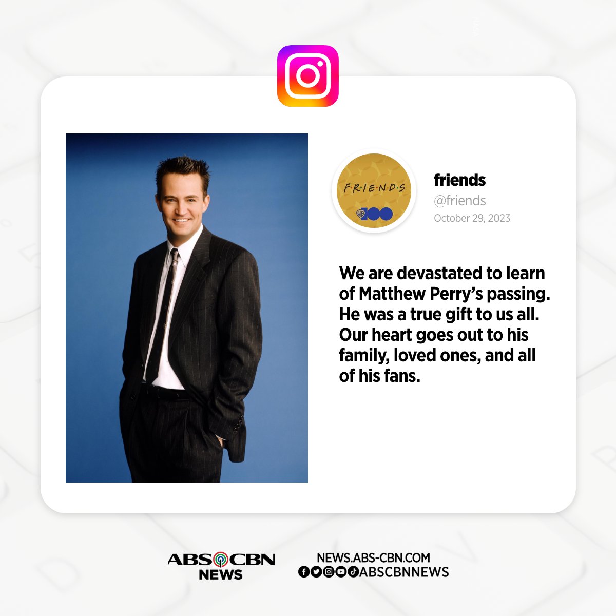 ABSCBNNews's tweet photo. Rewatching "Friends" will never be the same.

Thank you for the laughs, Chandler.

Full story: https://t.co/APxIQtoFcI https://t.co/mRcRPF7oaU