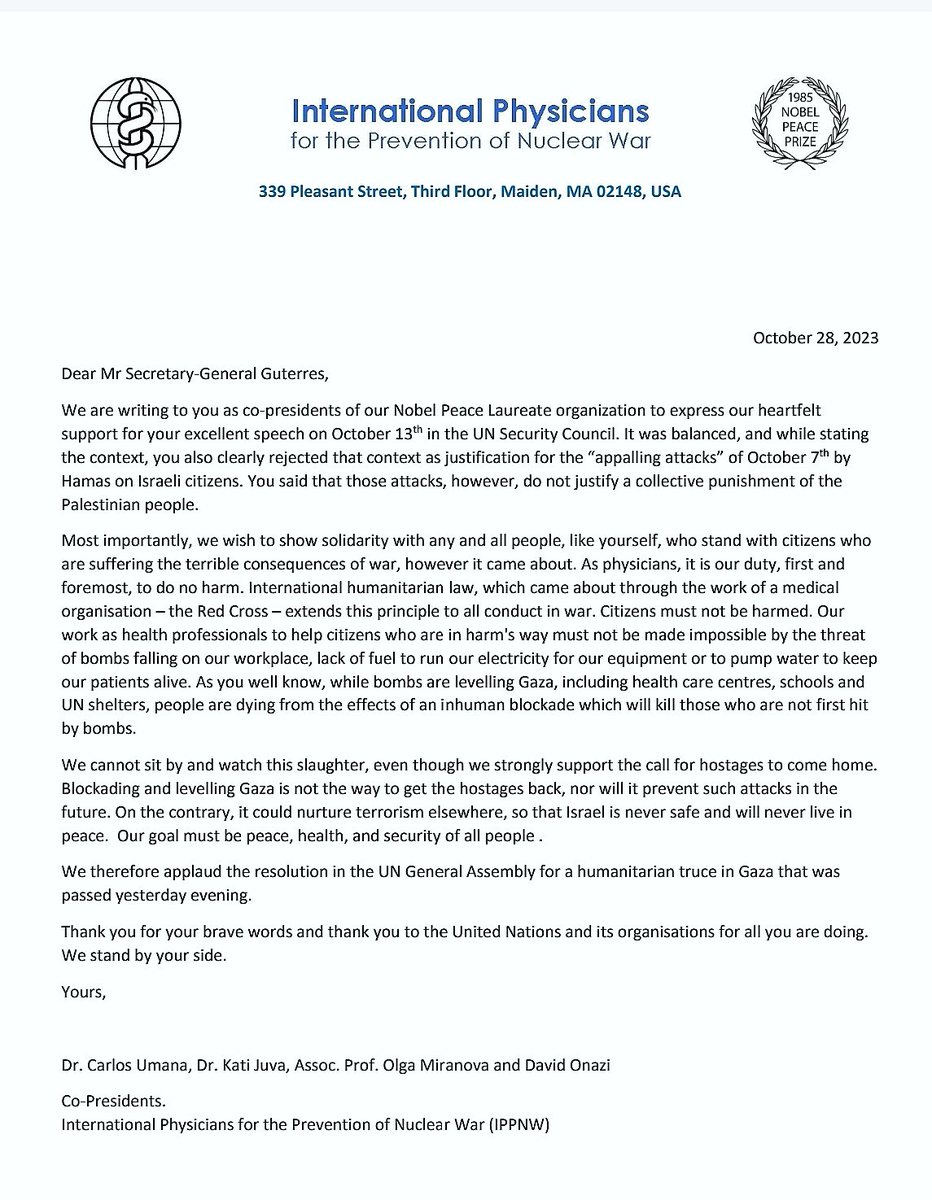 IPPNW open letter to @UN Secretary General @antonioguterres - expresses support for his work to achieve #peace and calls for an immediate #CeasefireNOW Protect #Humanity Respect #Humanitarianlaw #Israel #Palestine #negotiations #doctors #medical #hospital ippnw.eu/en/home.html